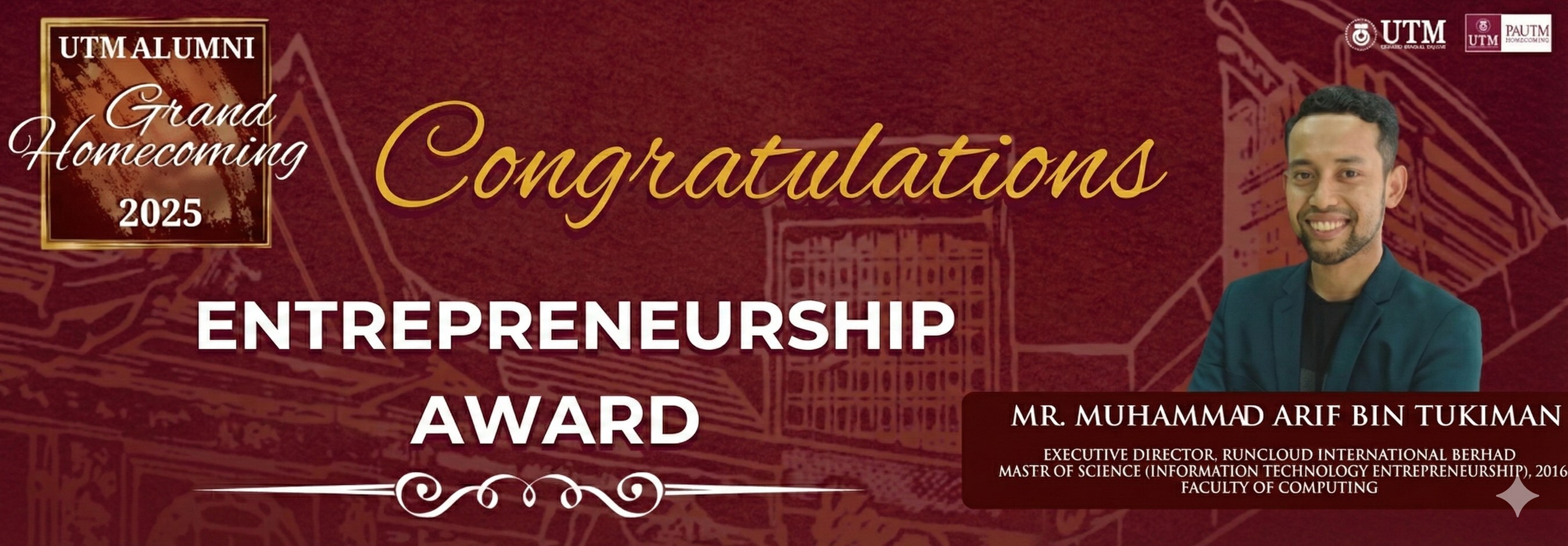 RunCloud CEO, Muhammad Arif Tukiman honoured with the Top Entrepreneur Award for his global impact in cloud technology and digital entrepreneurship.