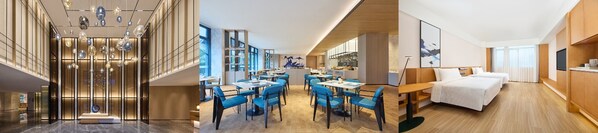 從左至右：重慶渝北萬豪萬楓酒店大堂、餐廳、客房