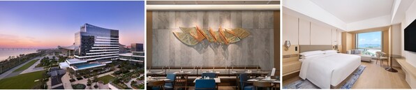 從左到右：廈門南洋萬怡酒店外觀、原味坊全日餐廳、海景客房