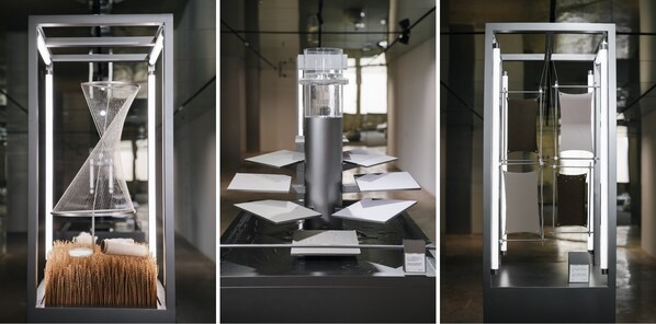 「K:PARTICLE」自然叙事空间面料工艺展示区 从左至右分别为Spiber 生命酿造装置、GORE-TEX 性能实证装置、轻薄冲孔动态美学装置